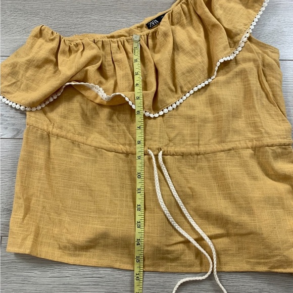 Zara Linen Blend One Shoulder Ruffle Tie Waist Mustard Yellow Top - Picture 9 of 9